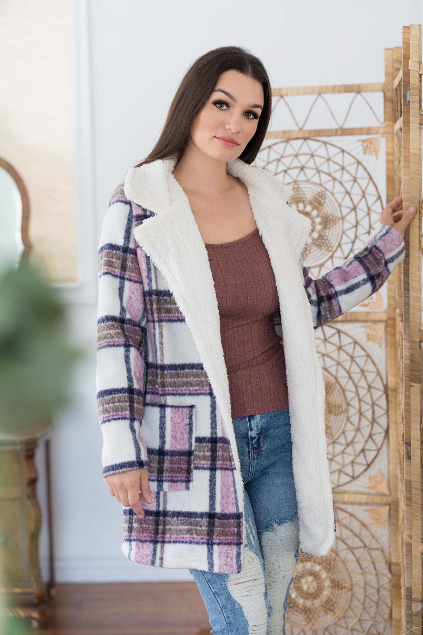 Plum Plaid Faux Fur Jacket Giftmas BS75 