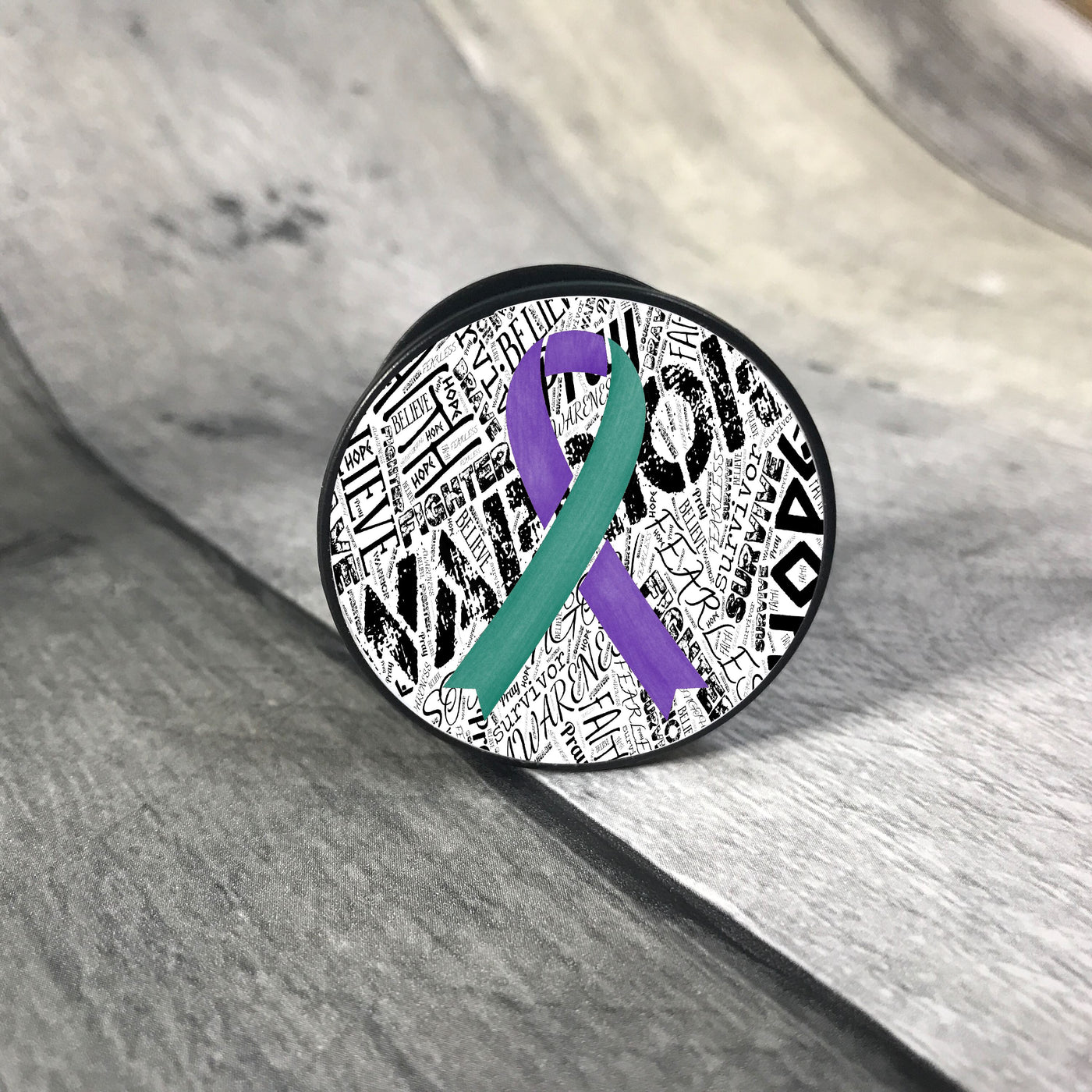 Awareness Ribbon phone grips - word background phone grip The Teal Bandit teal/purple white 